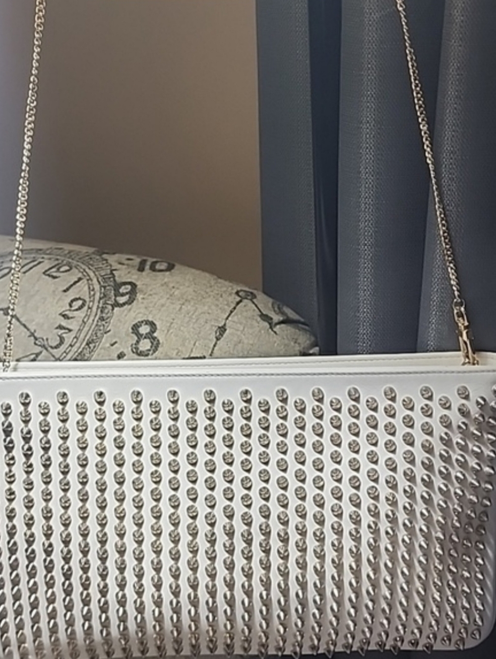 Authentic Christian Louboutin White Leather Spiked Clutch With Chain